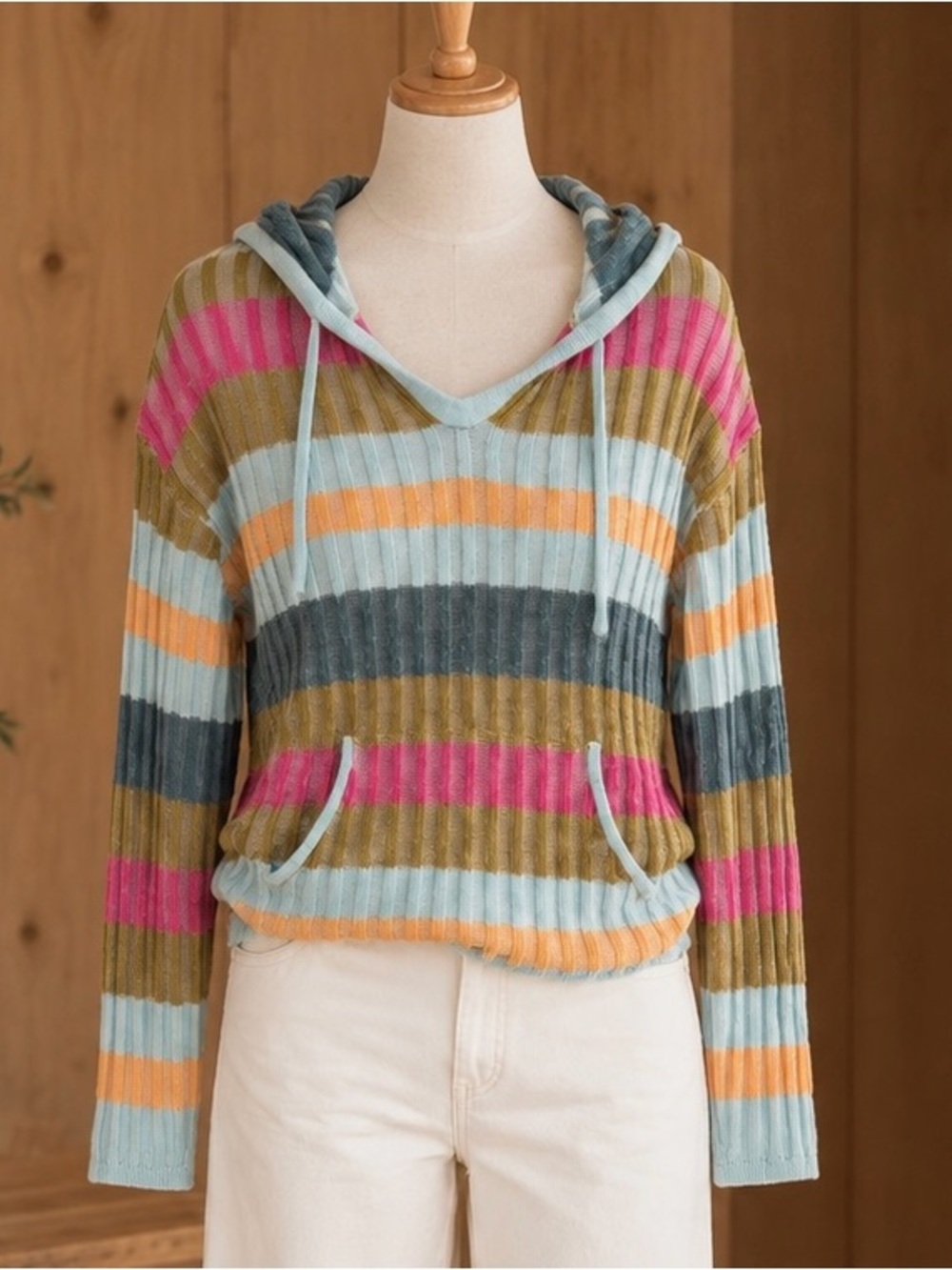 Rip Curl Striped V-Neck Hoodie Sweater in Blue, Pink, Yellow, Green and Gray